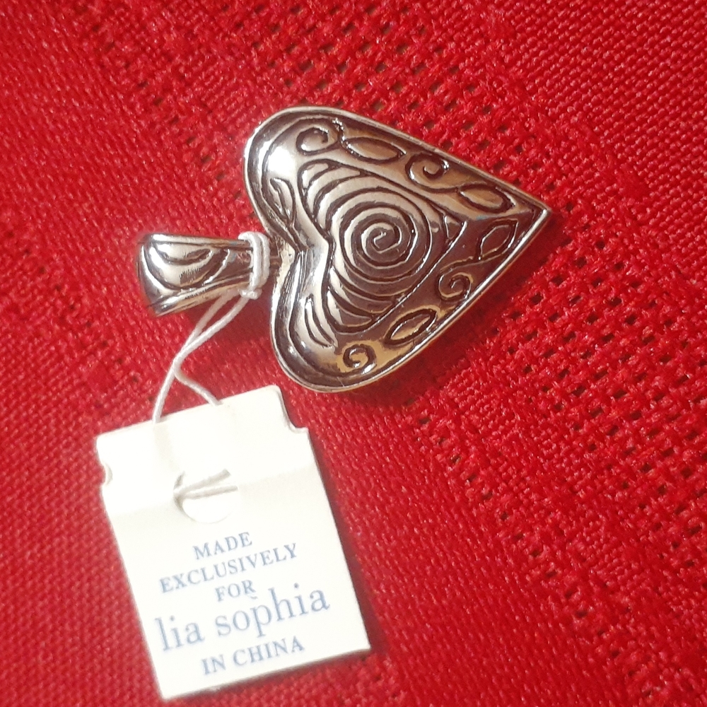 LIA SOPHIA Reversible Silvertone Heart Pendant - No Chain NWT